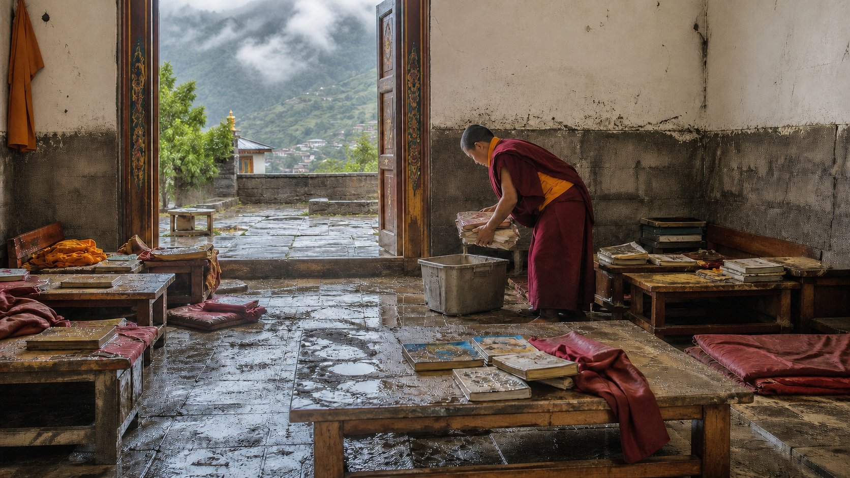 AI-generated editorial visualization of a monastic salvaging study materials from a flood-damaged hall