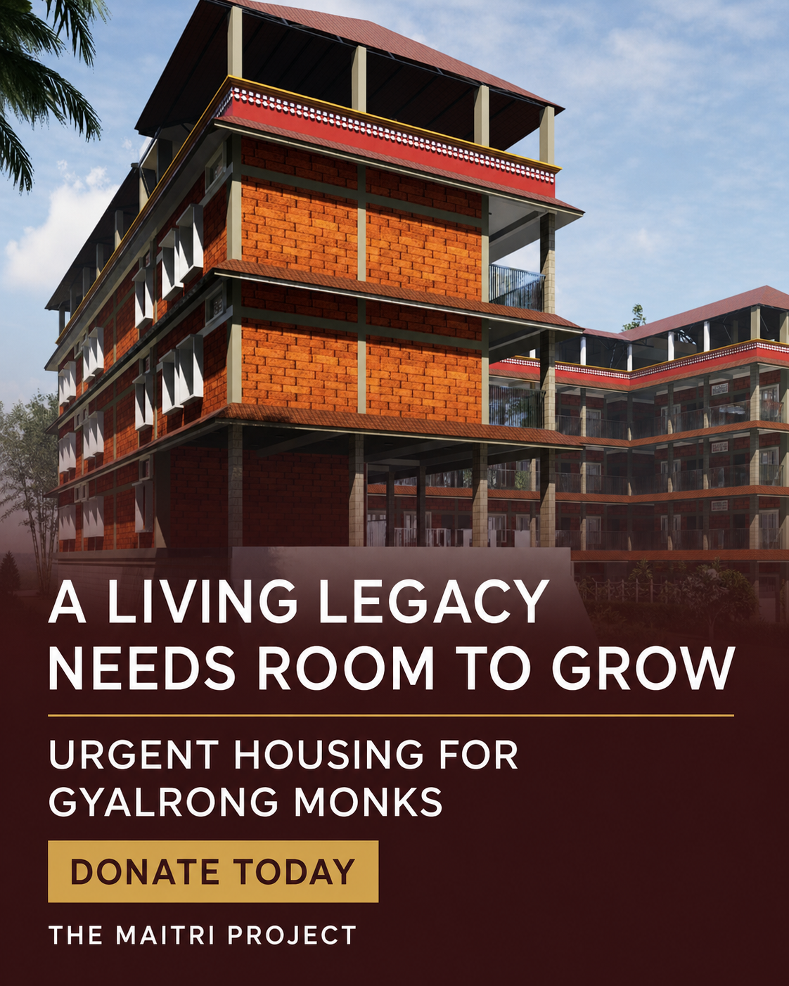 Architectural illustration of the proposed Gyalrong residential building from the Maitri fundraising ad